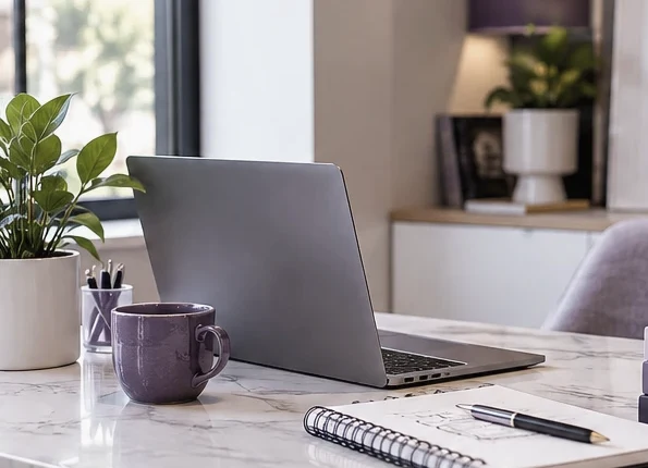 Laptop and notebook on a bright, practical workspace